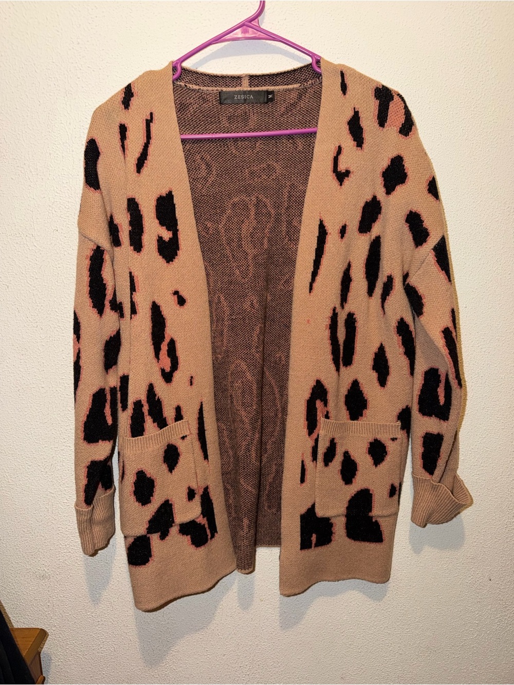 Beige Leopard Print Open Cardigan Sweater